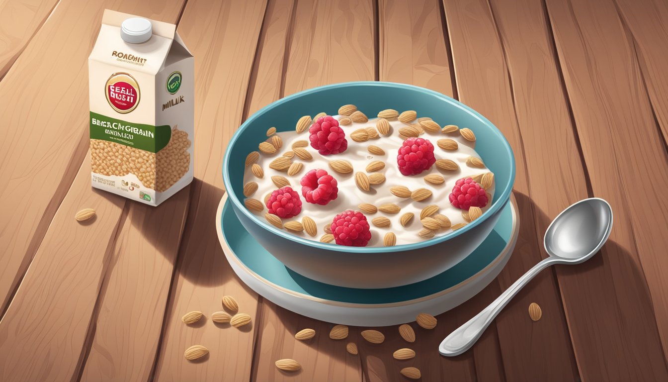 A bowl of Beech Nut organic multigrain cereal with raspberries next to a spoon and a carton of milk on a wooden table