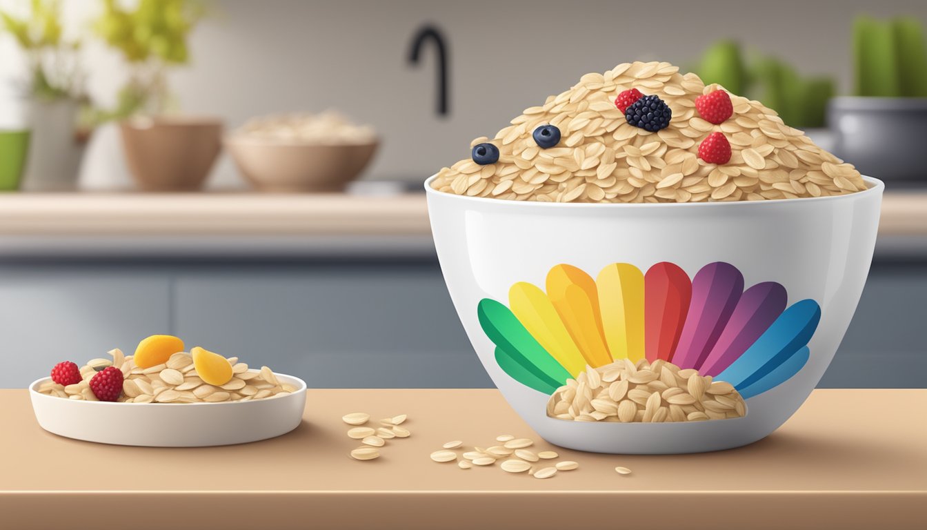 A bowl of oatmeal cereal with mixed fruit next to a colorful beech nut packaging on a kitchen counter