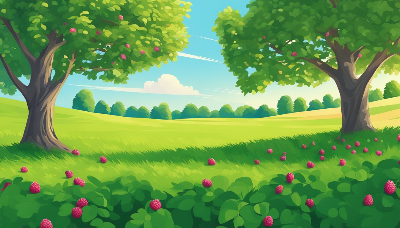 A lush, green field with a beech nut tree in the background, surrounded by raspberry bushes and a clear blue sky overhead