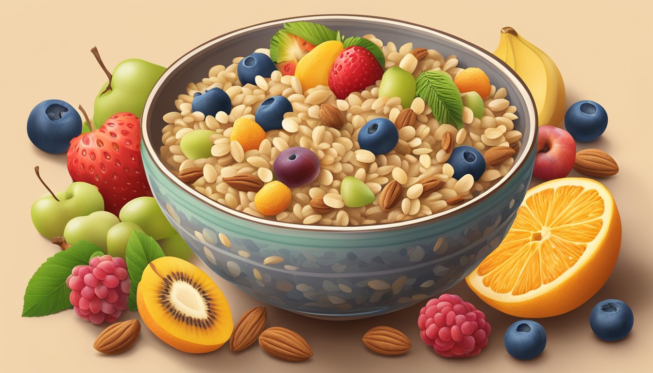 A bowl of Bambas organic brown rice cereal surrounded by colorful fruits and nuts