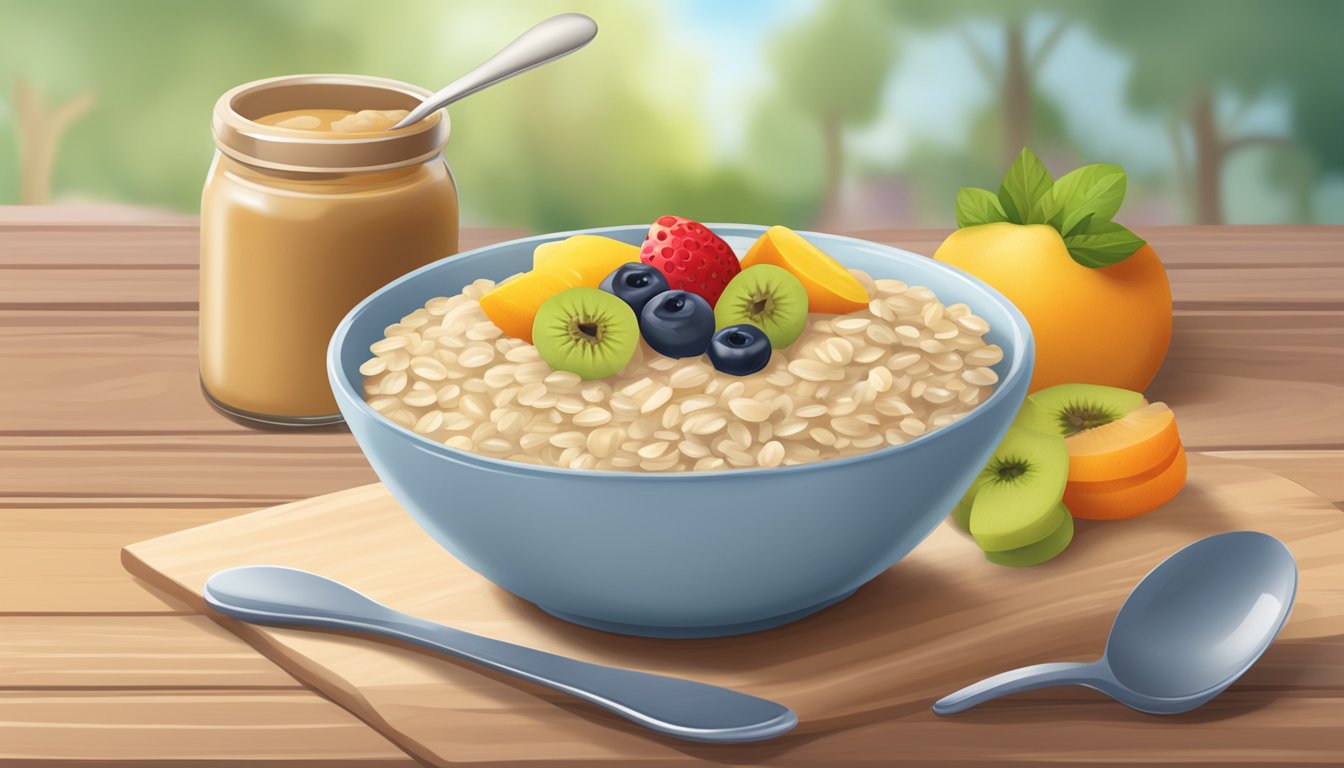 A bowl of Beech-Nut Complete Oatmeal Cereal with Mixed Fruit sits on a wooden table, surrounded by a spoon and a jar of baby food