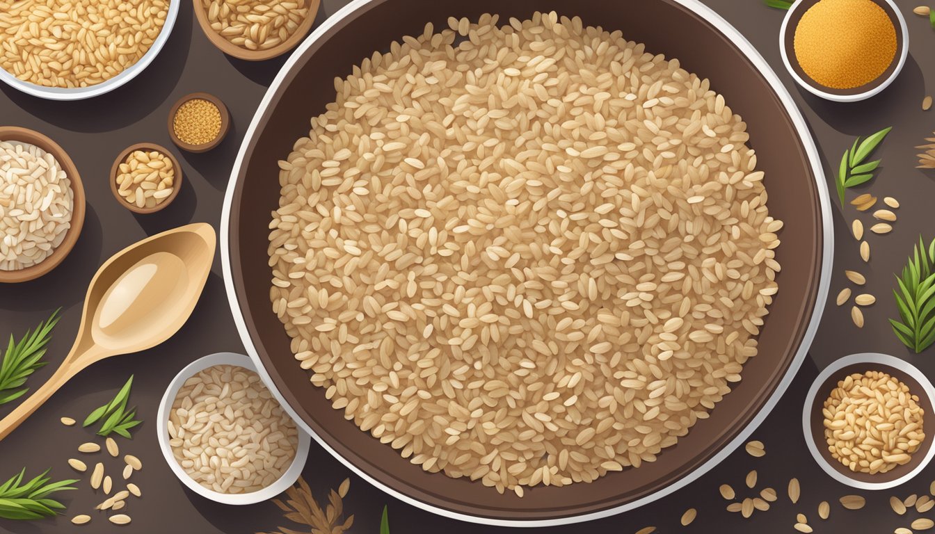 A bowl of organic brown rice cereal surrounded by various alternative grains and ingredients, showcasing the nutritional profile comparison