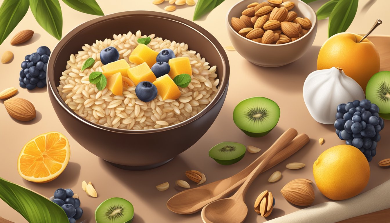 A bowl of Bambas Brown Rice Cereal surrounded by fresh, organic ingredients like fruits and nuts, with a warm, inviting glow from natural sunlight