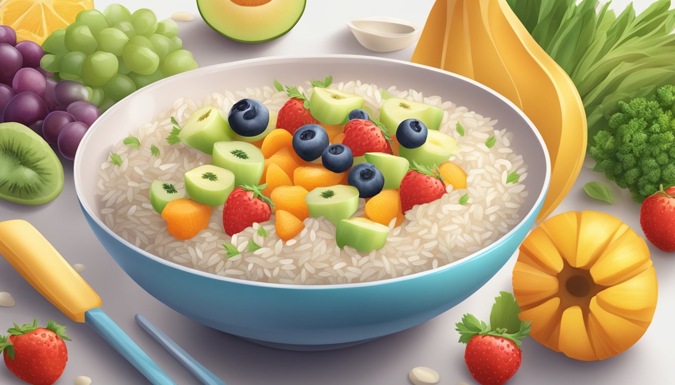 A bowl of baby gourmet organic rice cereal surrounded by fresh fruits and vegetables, with a spoon resting on the side