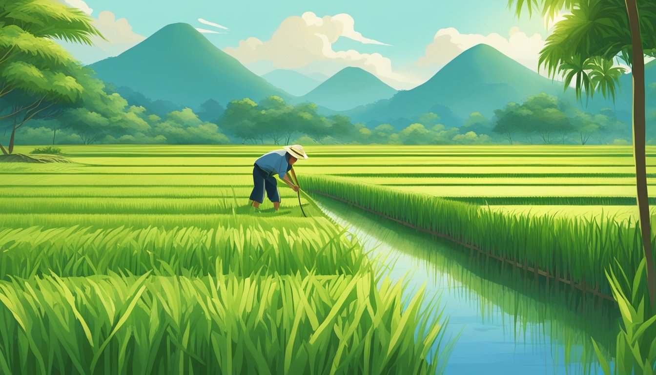 A lush, green rice paddy stretches into the distance, with a clear blue sky overhead. A farmer tends to the organic brown rice plants, surrounded by a diverse array of wildlife