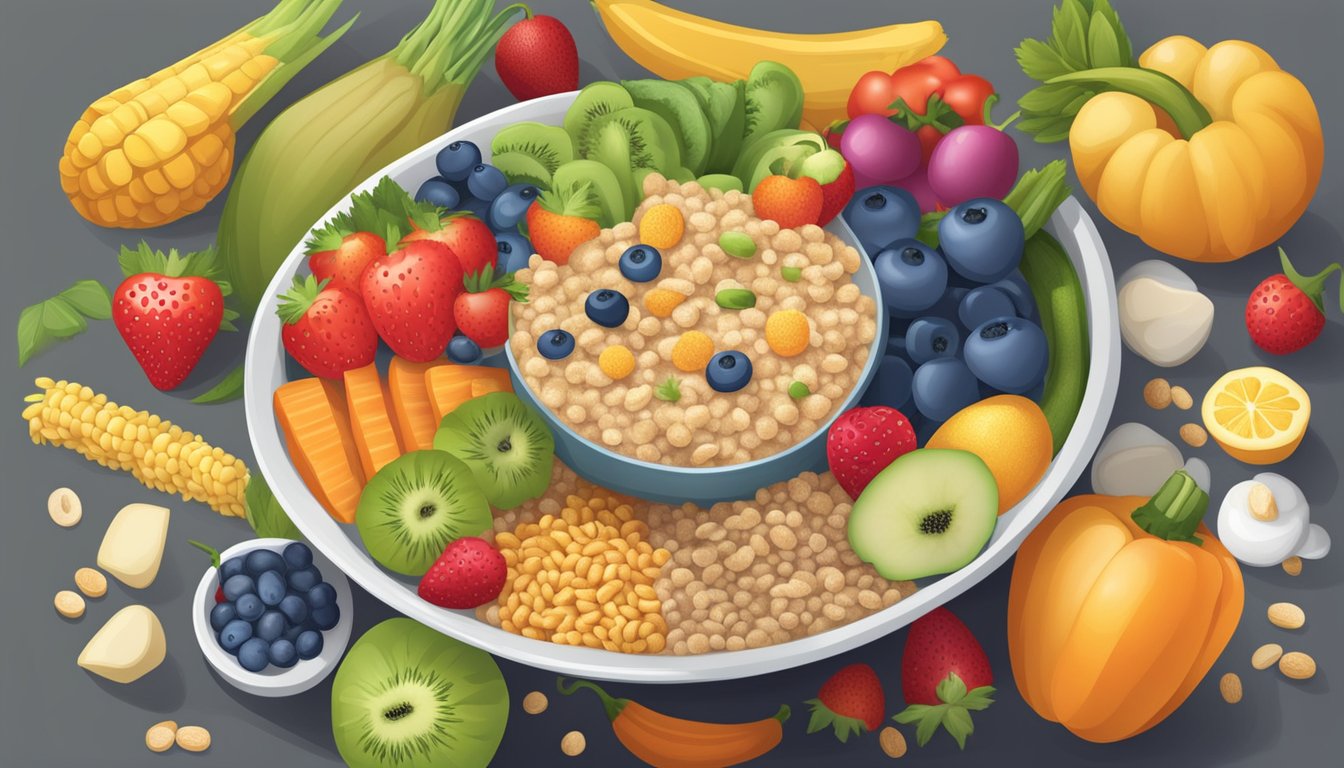 A bowl of Baby Gourmet Organic Multigrain Cereal surrounded by a variety of fresh fruits and vegetables, emphasizing its nutritional benefits