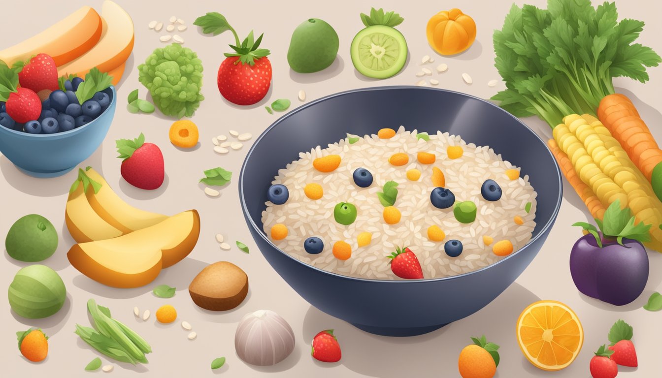 A colorful bowl of Baby Gourmet Organic Rice Cereal surrounded by fresh fruits and vegetables, with a nutrition label and ingredients list nearby