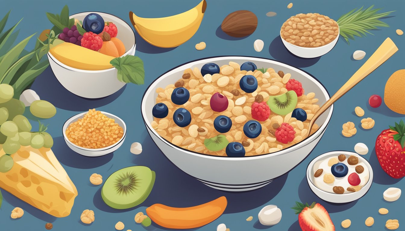 A bowl of multigrain baby cereal surrounded by illustrations of various grains and fruits, with a spotlight on the key nutrients highlighted in the cereal