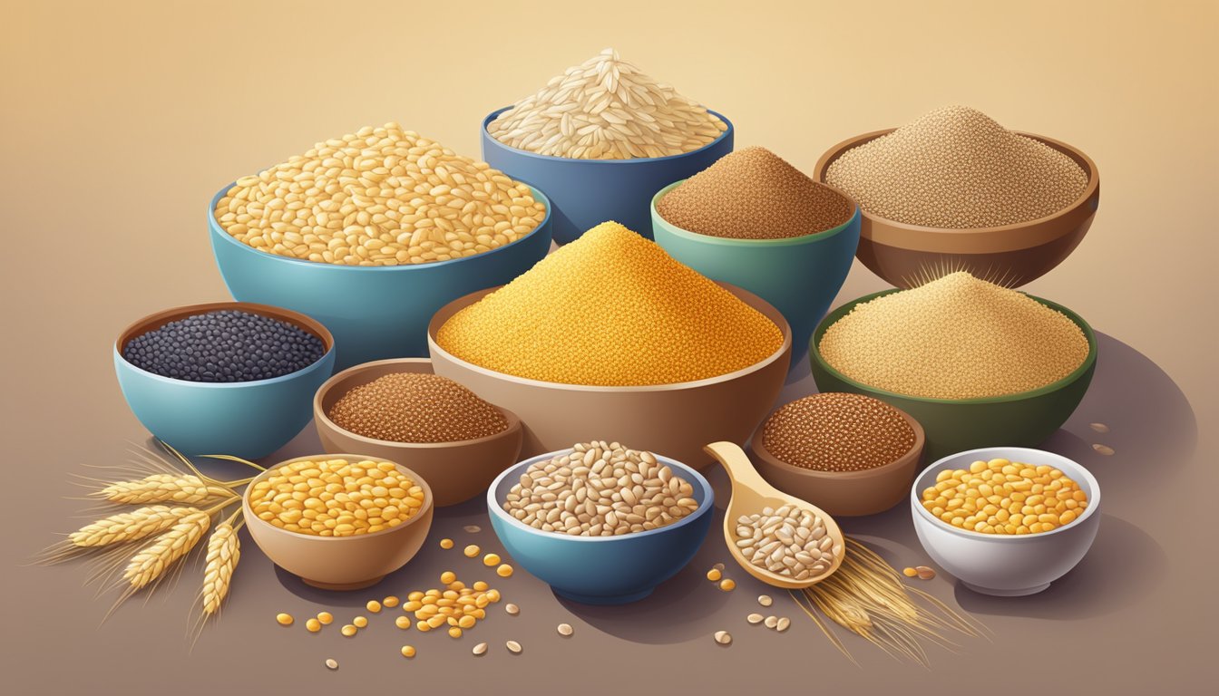 A colorful array of various grains and cereals, including quinoa, oats, barley, and millet, arranged in a visually appealing composition