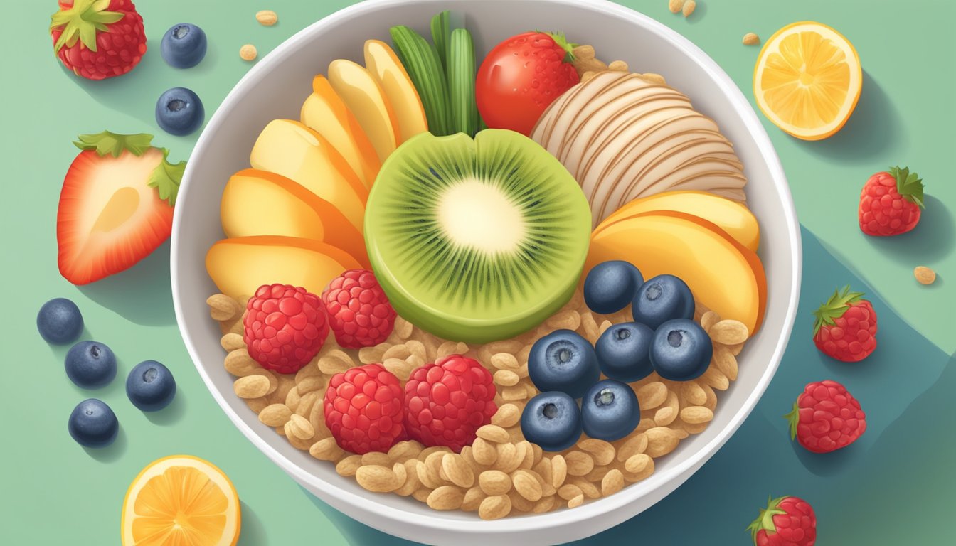 A colorful bowl of baby gourmet organic multigrain cereal surrounded by fresh fruits and vegetables, with a glass of milk on the side