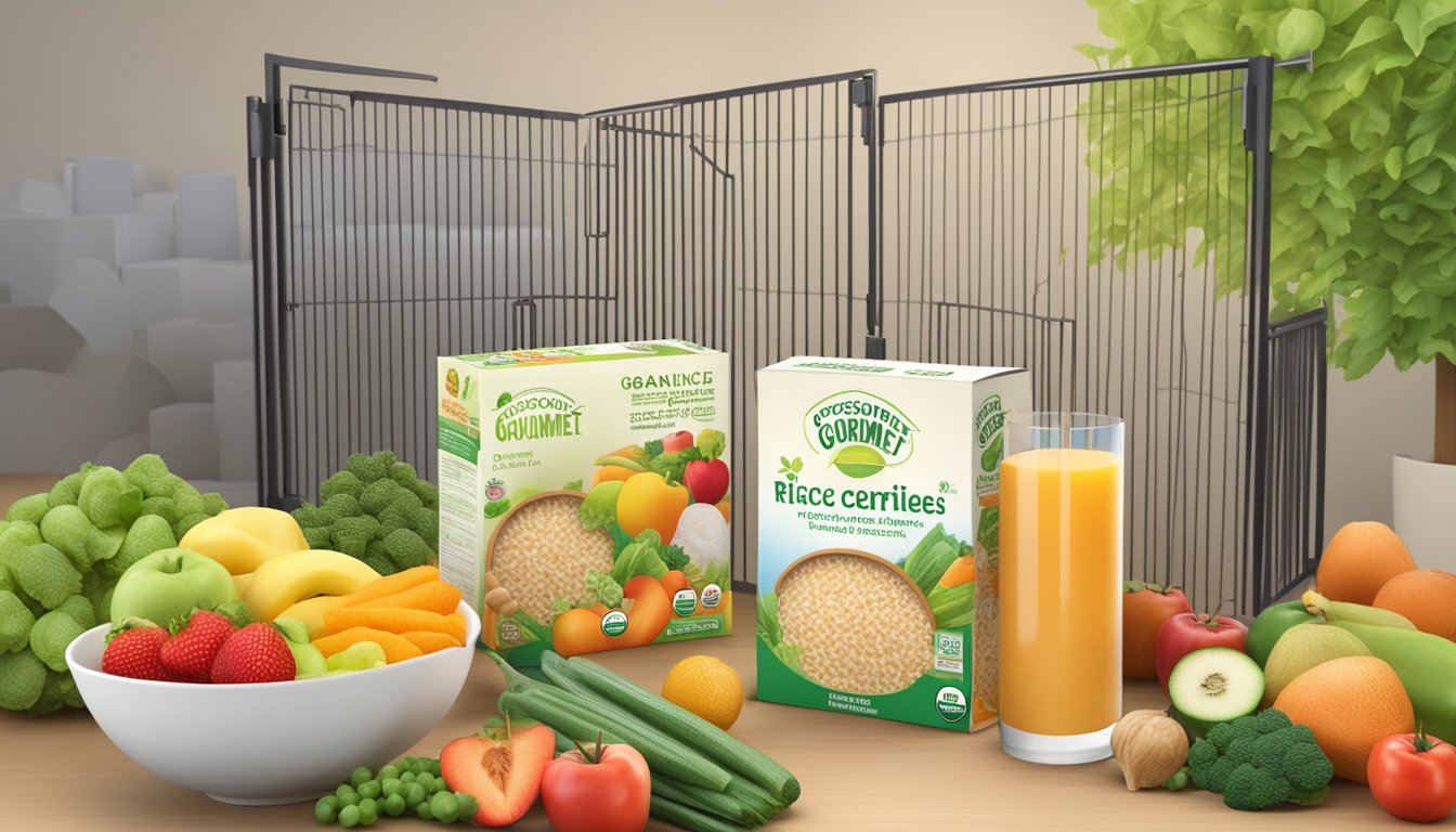 A baby gourmet organic rice cereal box surrounded by fresh fruits and vegetables, with a safety gate in the background