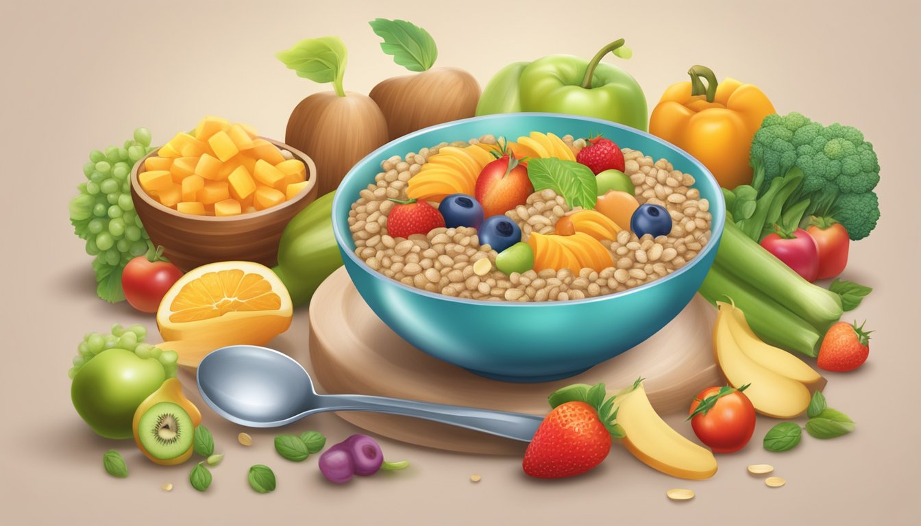 A colorful bowl of baby gourmet organic multigrain cereal surrounded by fresh fruits and vegetables, with a spoon ready for a nutritious and convenient meal