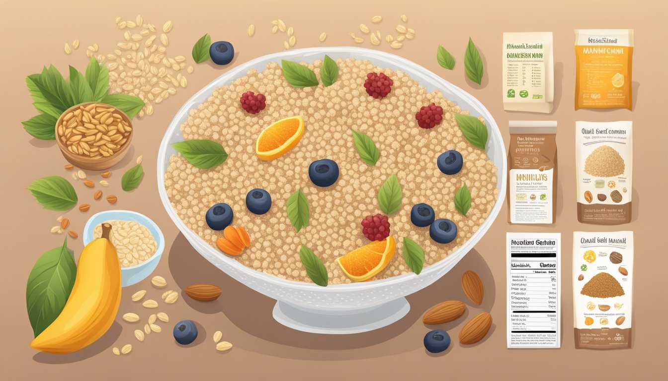 A spread of ancient grains (quinoa, amaranth, millet) with fruits and nuts, surrounded by nutritional information and a baby-friendly cereal box