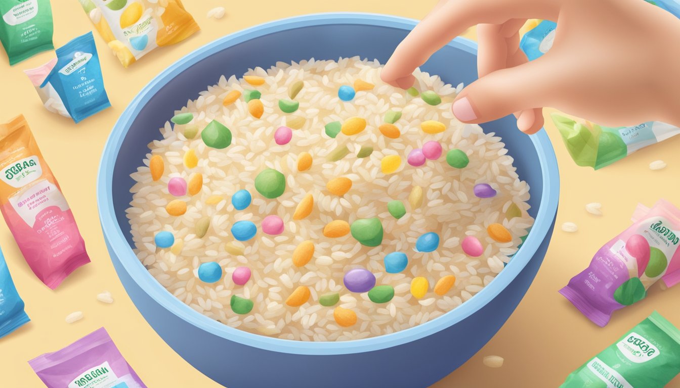 A baby's hand reaching for a bowl of organic rice cereal, surrounded by colorful packaging and a clear nutritional label