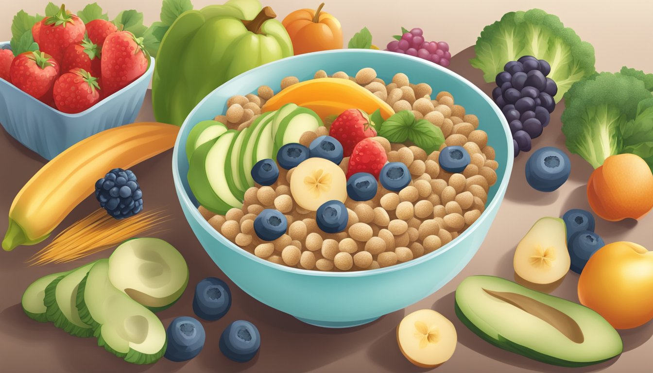 A bowl of baby gourmet organic multigrain cereal surrounded by fresh fruits and vegetables, with a clear focus on the nutritional benefits