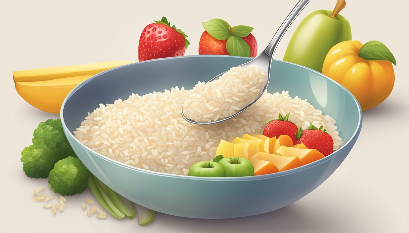 A spoonful of baby gourmet organic rice cereal being poured into a bowl, surrounded by fresh fruits and vegetables