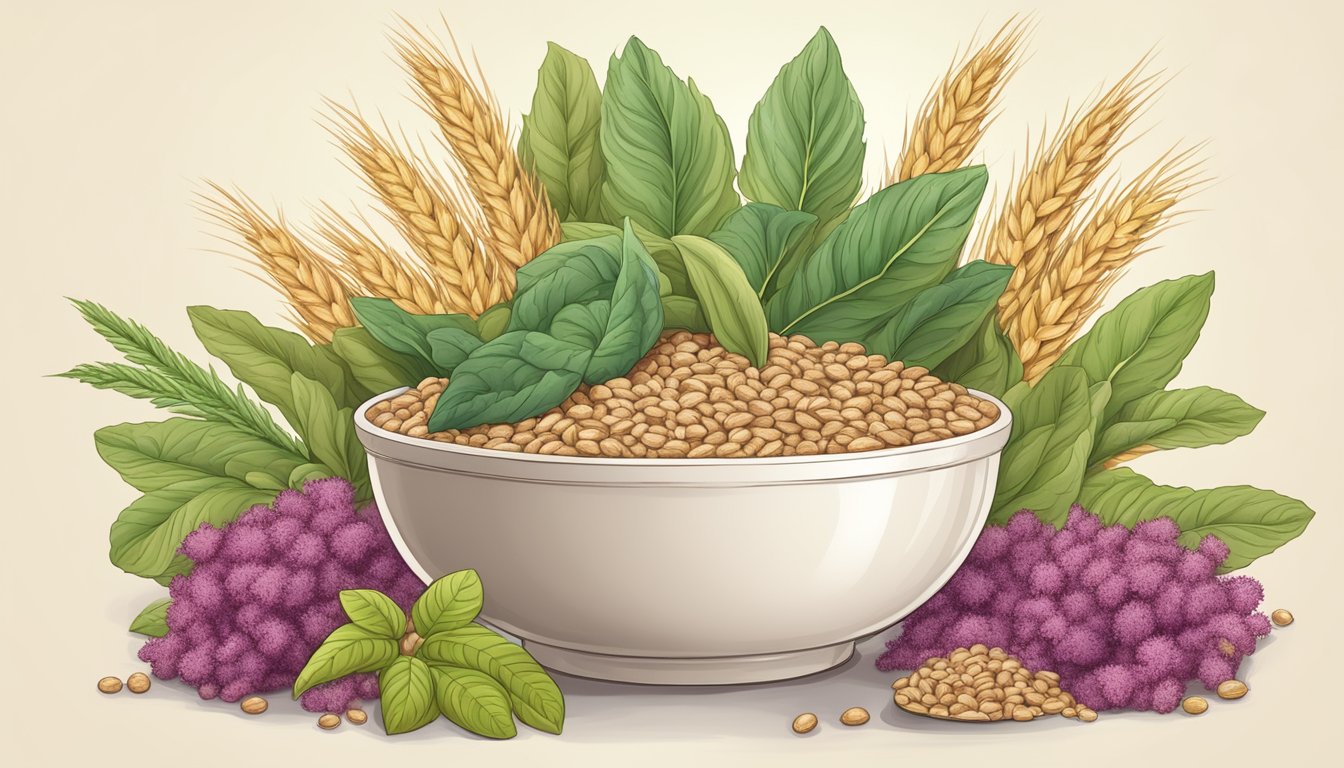 A bowl of baby gourmet organic ancient grain cereal surrounded by amaranth plants and seeds