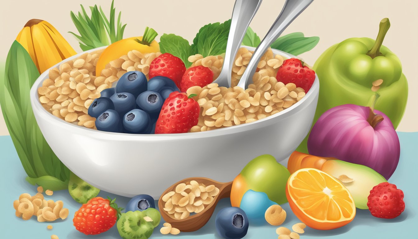 A spoonful of baby gourmet organic multigrain cereal surrounded by colorful fruits and vegetables