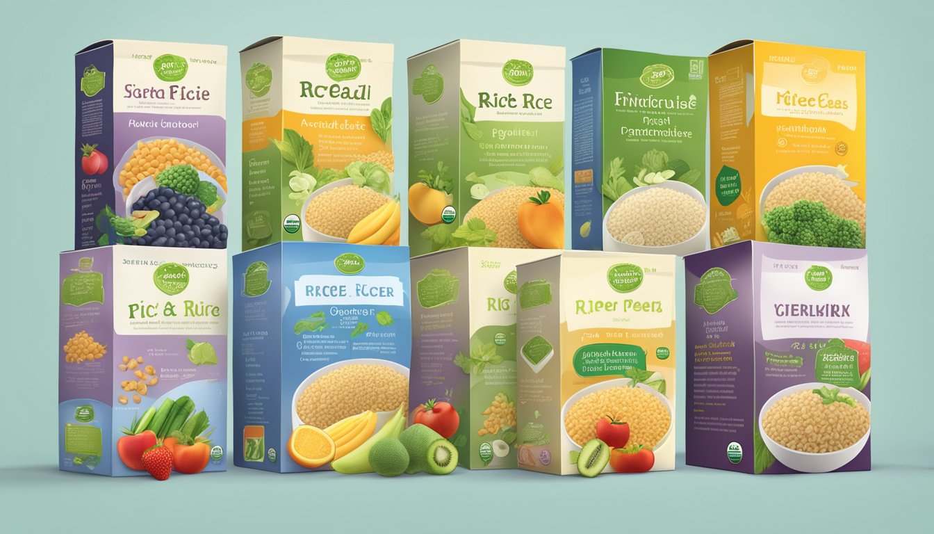 A variety of organic rice cereal boxes surrounded by fresh fruits and vegetables, with nutritional information displayed prominently