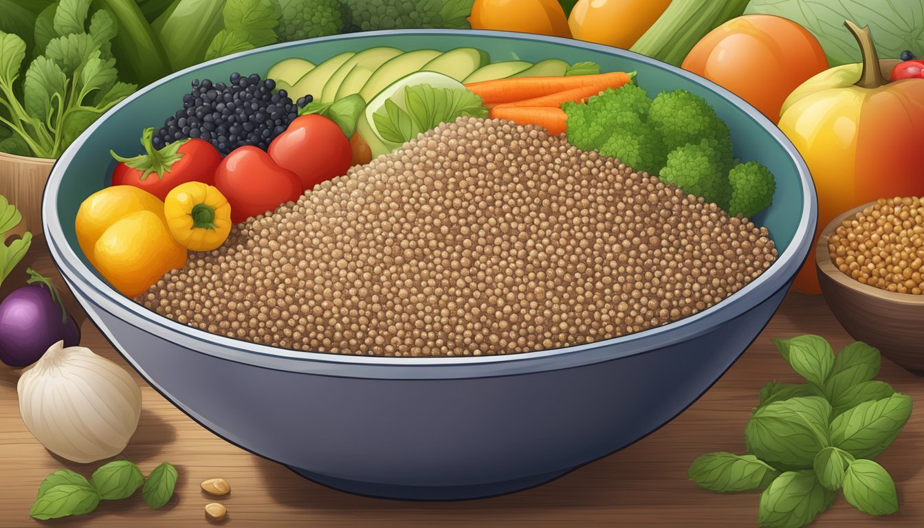 A colorful bowl filled with a mix of buckwheat and quinoa, surrounded by fresh fruits and vegetables