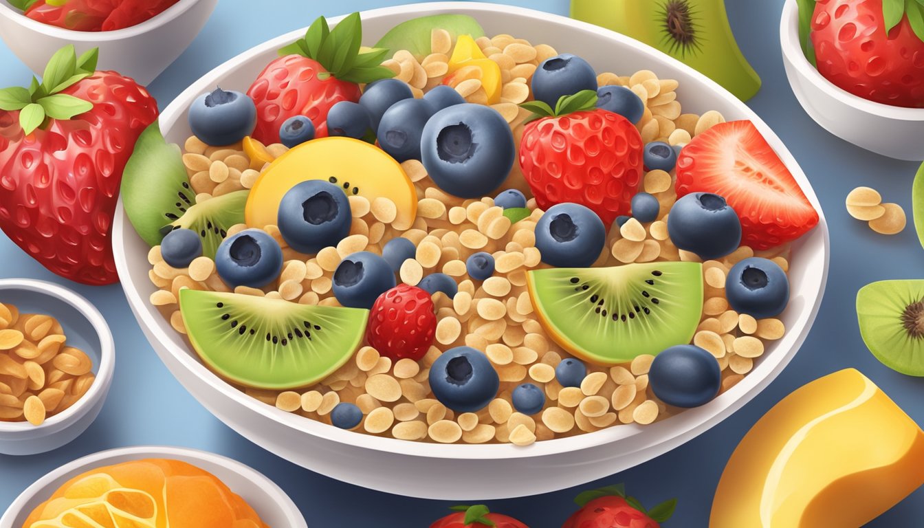 A colorful bowl of baby gourmet organic ancient grain cereal surrounded by fresh fruits and measuring spoons