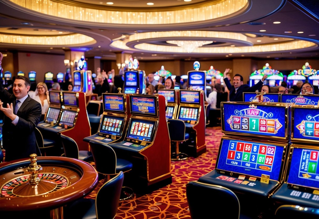 A bustling casino floor with colorful slot machines, roulette tables, and card games, surrounded by excited and animated patrons