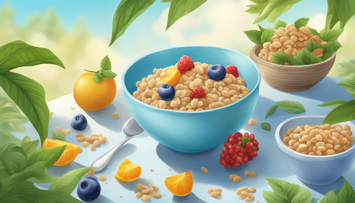 A baby gourmet organic ancient grain cereal surrounded by lush greenery and fresh fruits, with a clear blue sky in the background