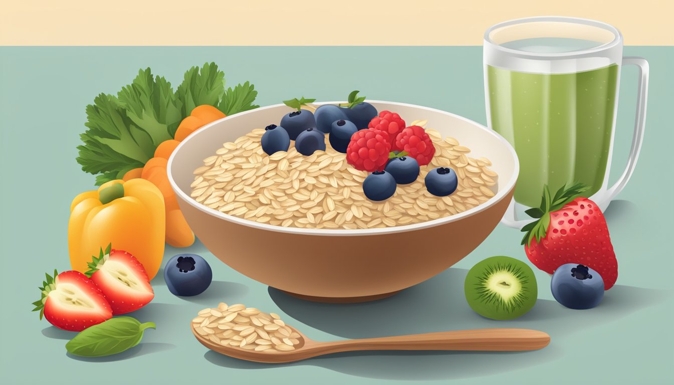 A bowl of oats and berries surrounded by fresh fruits and vegetables, with a nutrition label nearby