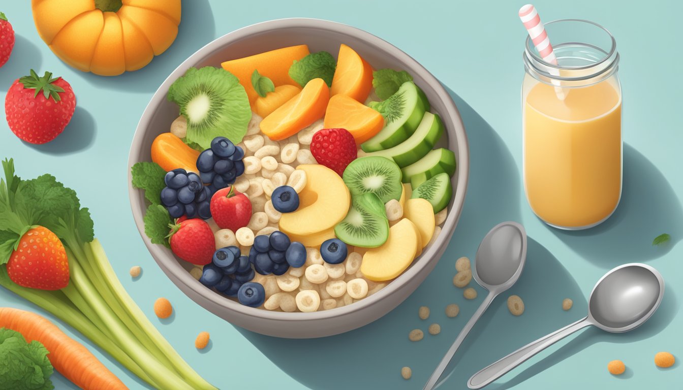 A bowl of baby gourmet organic probiotic cereal surrounded by fresh fruits and vegetables, with a measuring spoon and nutrition label nearby