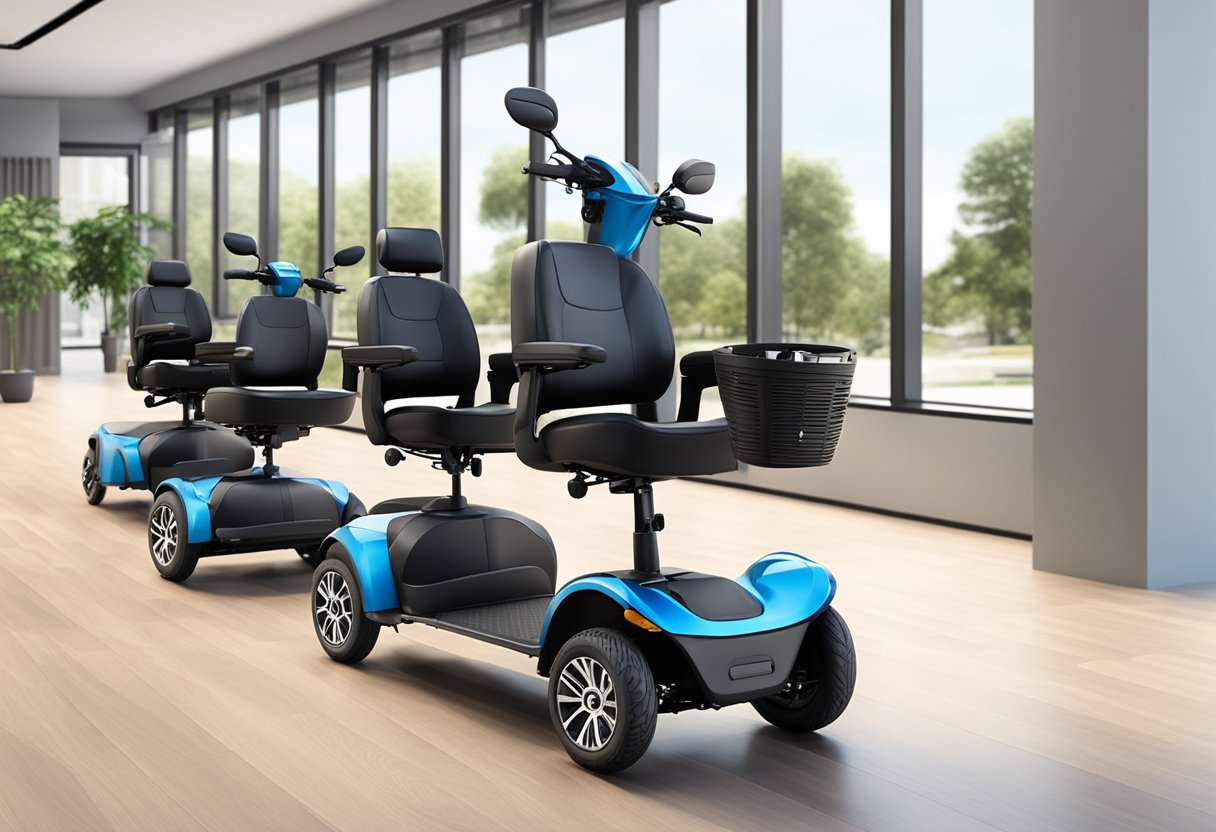 A line-up of sleek, modern bariatric mobility scooters in a spacious showroom, each one equipped with sturdy frames and comfortable seating