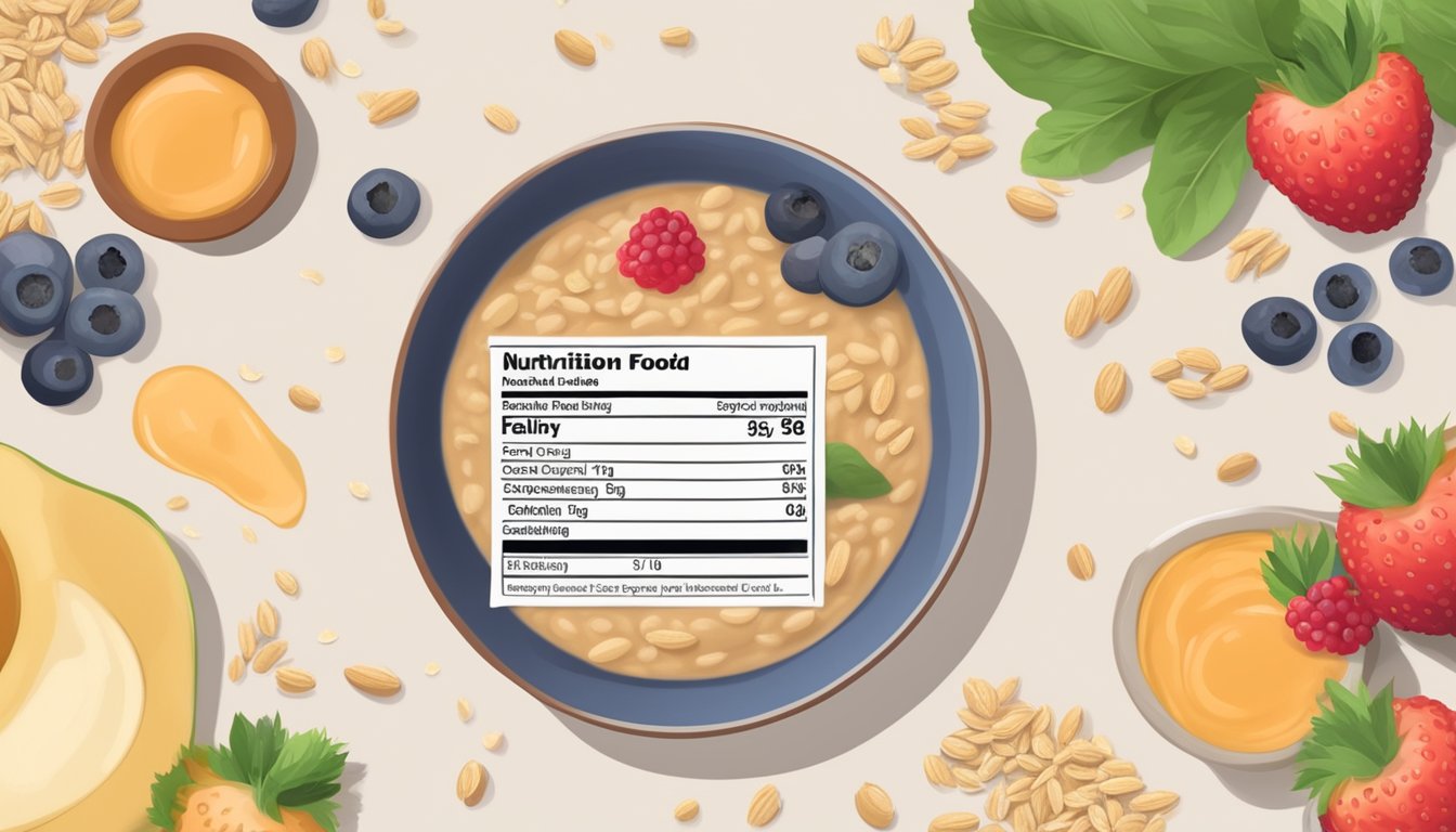 A bowl of organic baby food with oats and berries, surrounded by fresh ingredients and a nutrition facts label