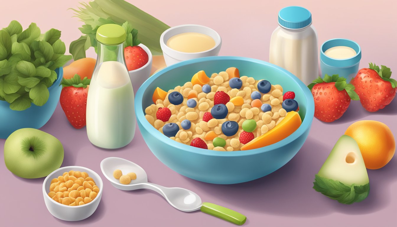 A colorful bowl of baby gourmet organic probiotic cereal surrounded by fresh fruits and vegetables, with a spoon and a bottle of milk nearby