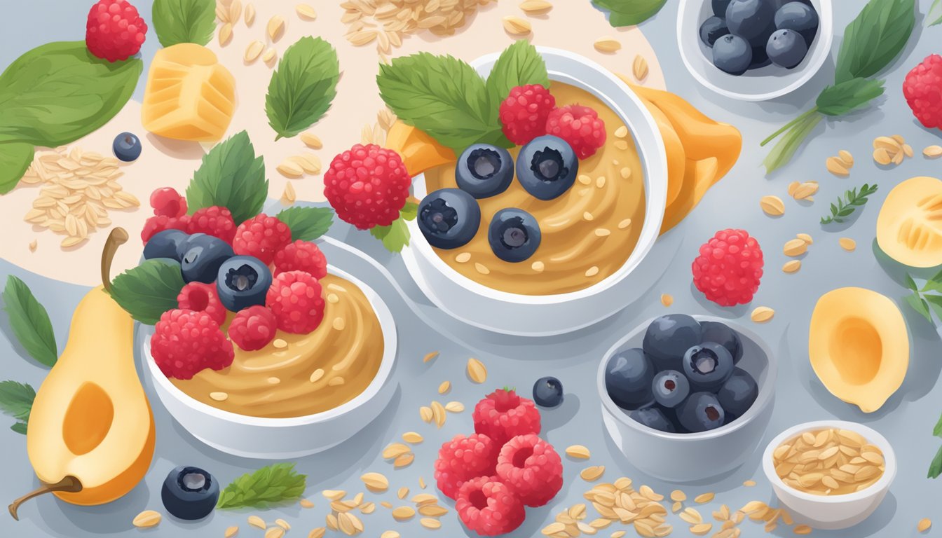 A bowl of amara organic baby food with oats and berries surrounded by fresh ingredients