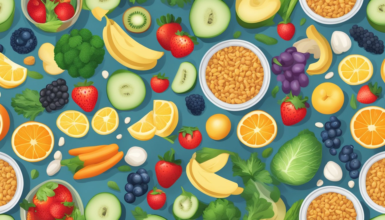 A colorful bowl of Baby Gourmet organic probiotic cereal surrounded by fresh fruits and vegetables