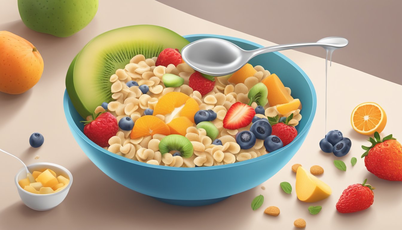 A baby gourmet organic probiotic cereal box surrounded by colorful fruits and vegetables, with a measuring spoon pouring the cereal into a bowl