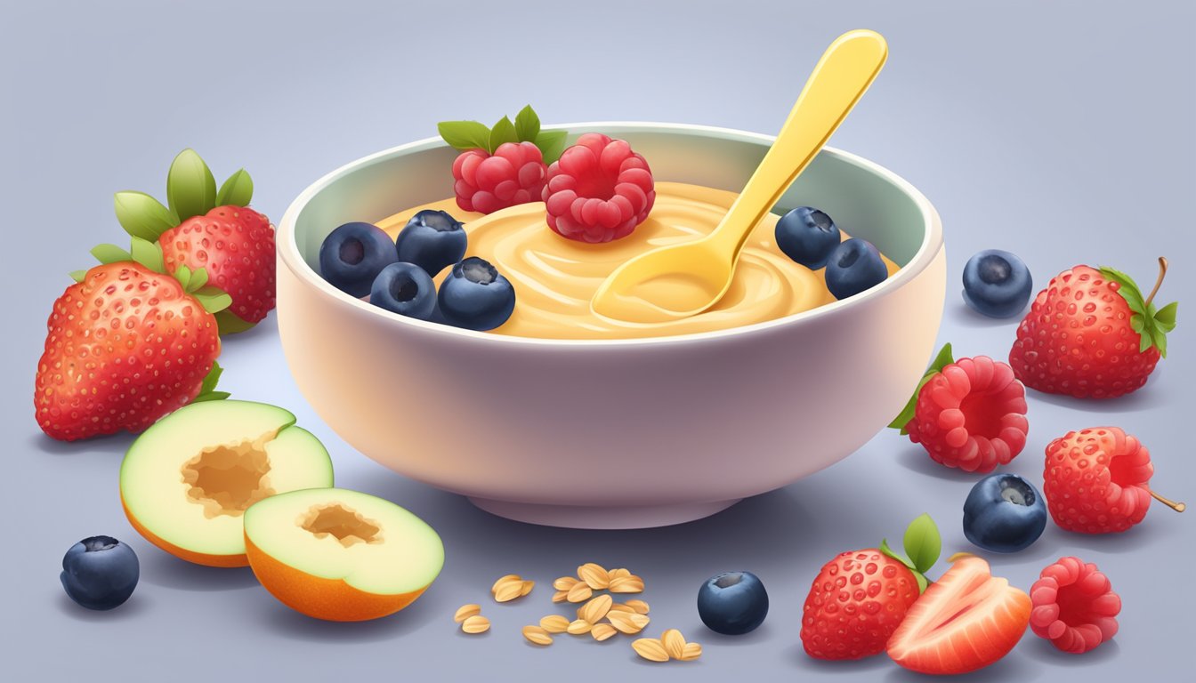 A bowl of organic baby food with oats and berries, surrounded by fresh fruit and a measuring spoon