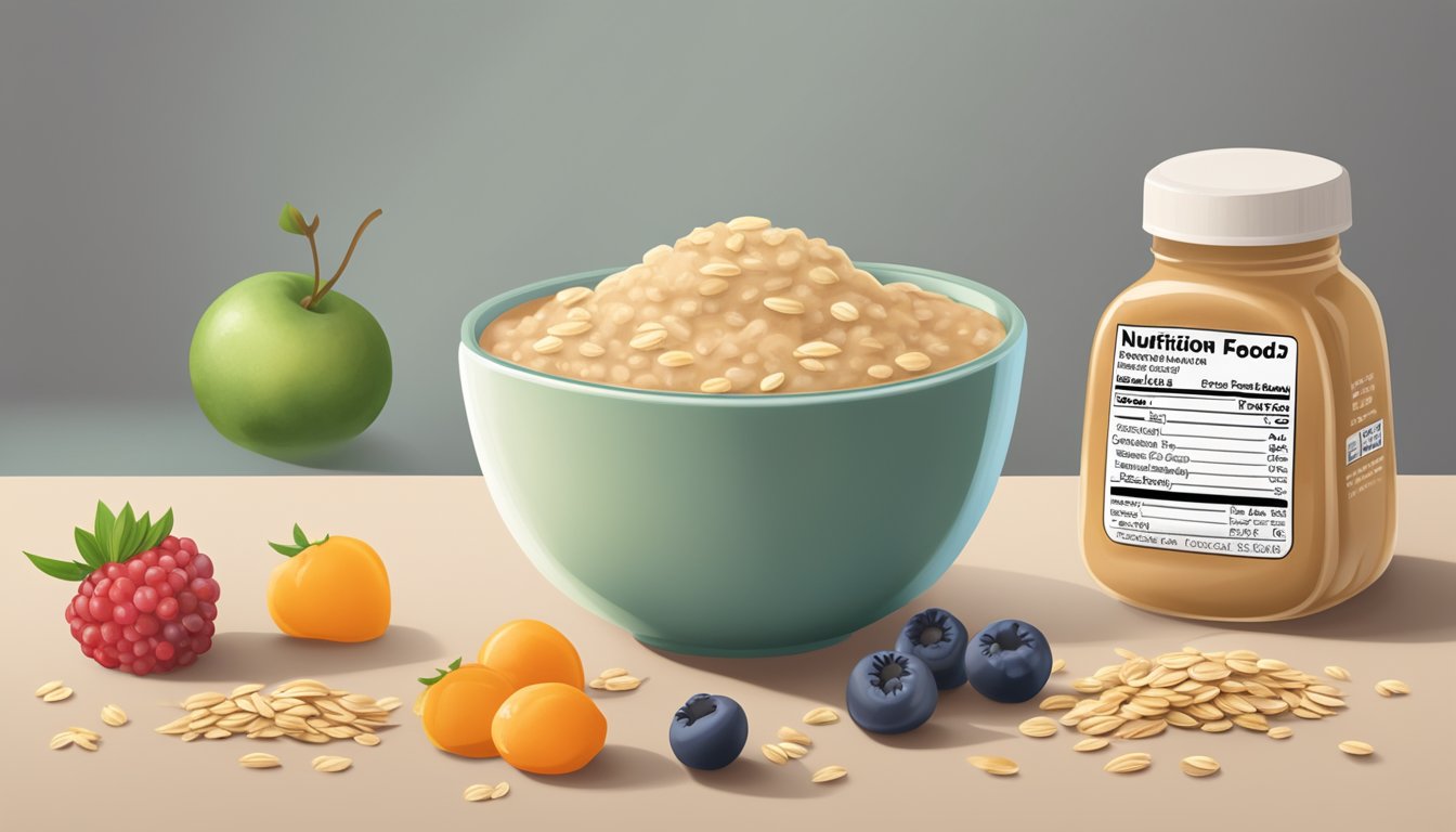 A bowl of organic baby food surrounded by oats and berries, with a focus on the nutrition facts label