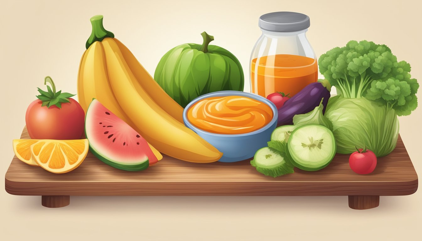 A variety of fresh, colorful organic fruits and vegetables arranged on a wooden cutting board, with a bowl of pureed baby food beside it