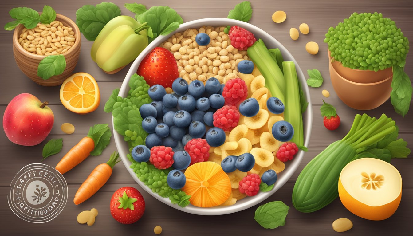 A colorful bowl of organic probiotic cereal surrounded by fresh fruits and vegetables, with a prominent "Safety and Quality Standards" certification label