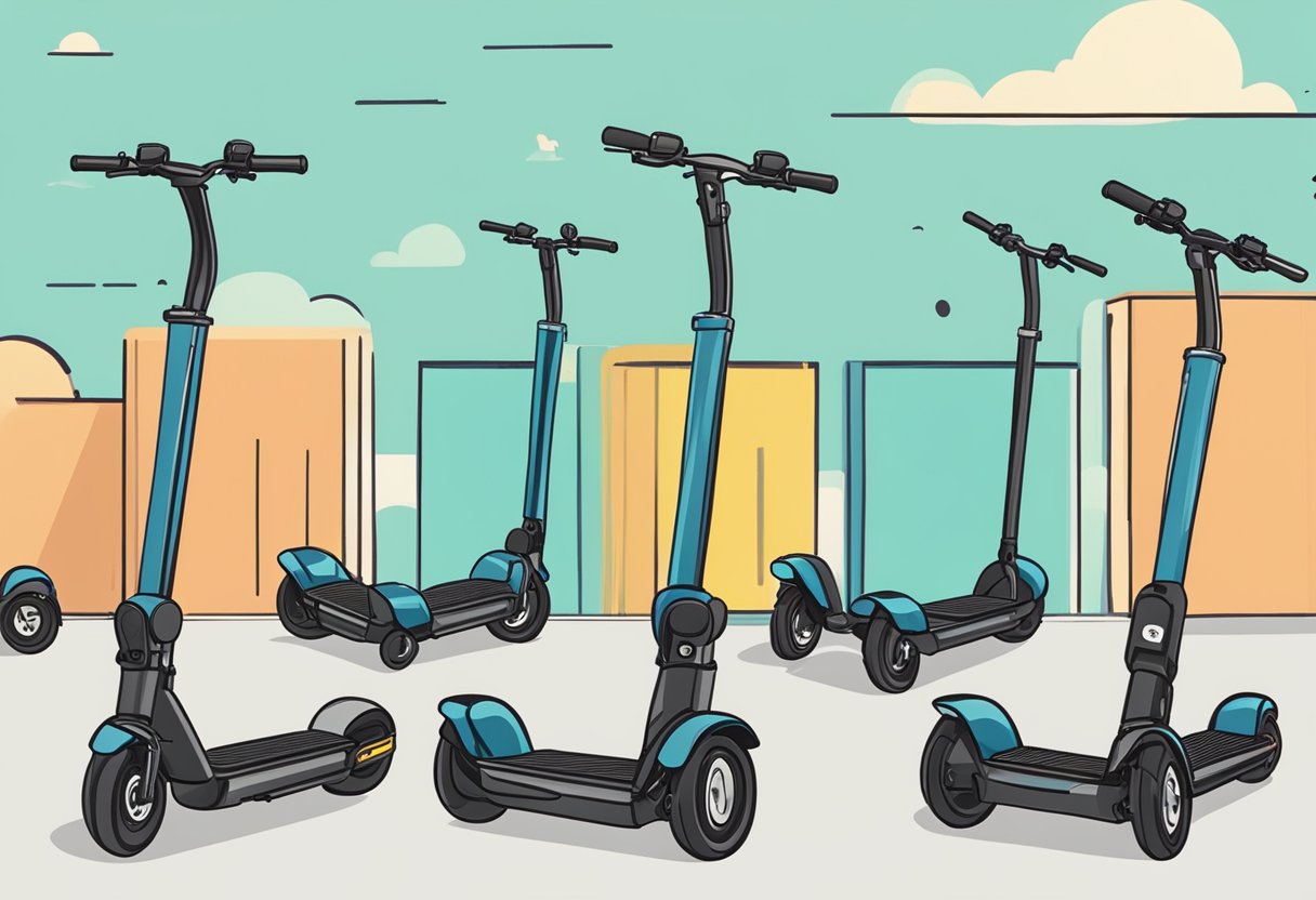 A group of bariatric mobility scooters lined up in a row, with a sign above them displaying "Frequently Asked Questions Top 5 Best Bariatric Mobility Scooters"