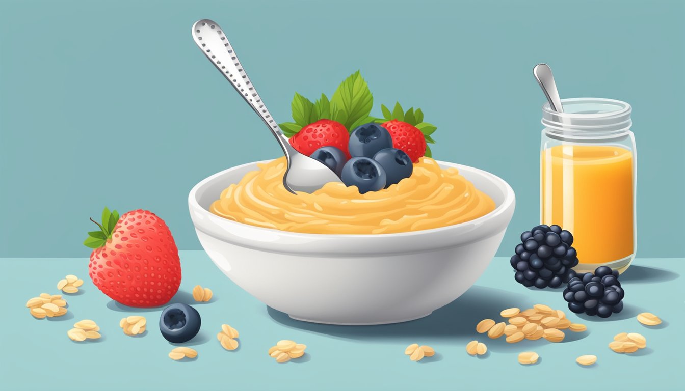 A bowl of organic baby food with oats and berries, surrounded by fresh fruit and a measuring spoon