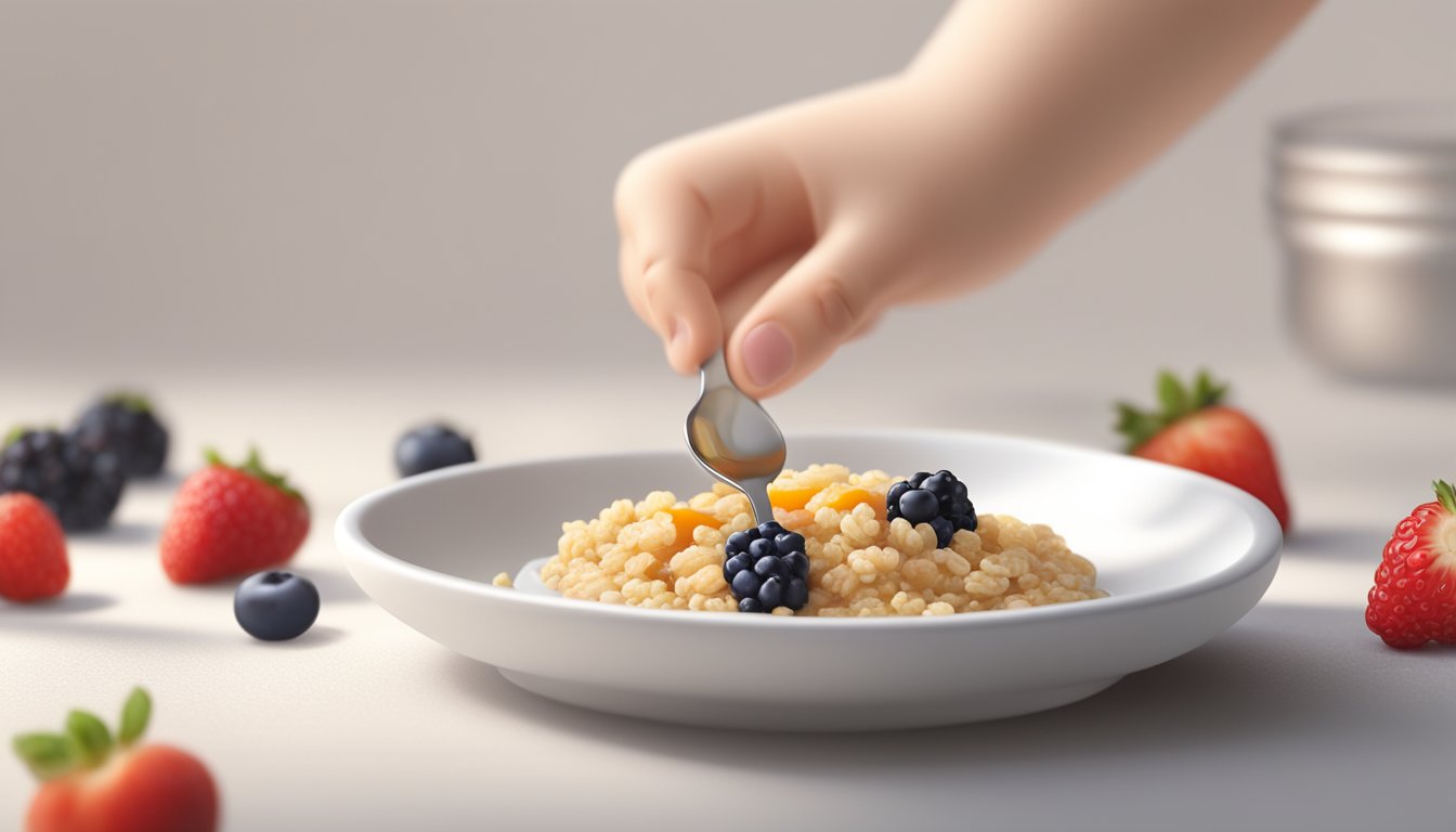 A spoonful of organic oats and berries baby food being carefully prepared and served on a clean, white plate