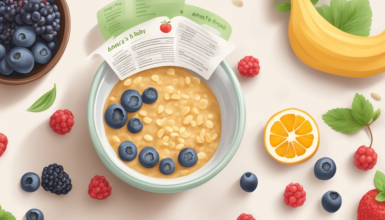 A bowl of amara organic baby food oats and berries surrounded by fresh fruit and nutritional information