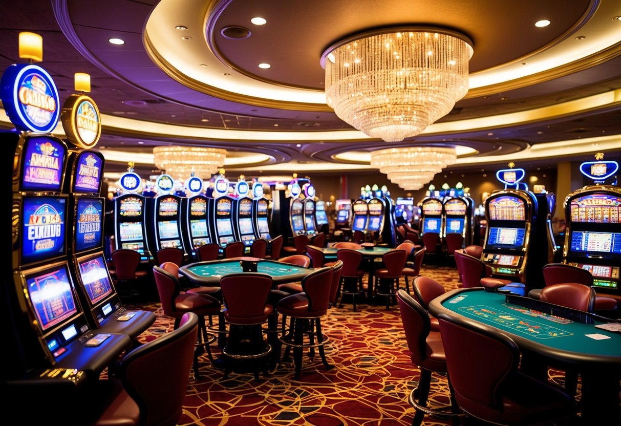 A bustling casino floor with colorful slot machines, card tables, and a lively atmosphere. Bright lights and a sense of excitement fill the room