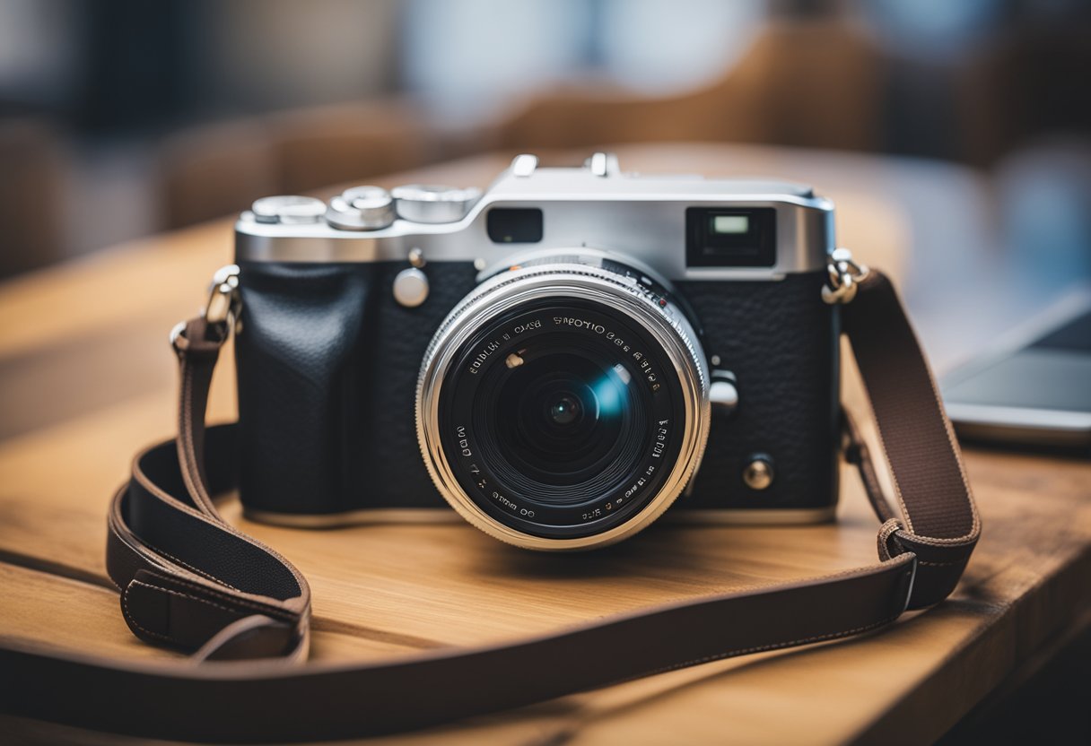 A digital camera resting on a wooden table, with a camera strap hanging off the side