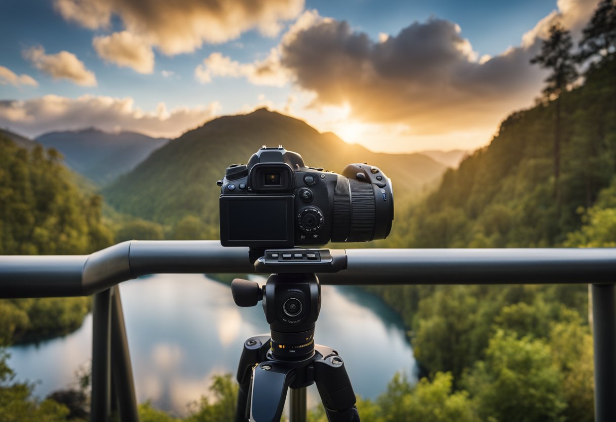 A digital camera on a tripod, with a picturesque landscape in the background. The camera's lens is focused and ready to capture the scene