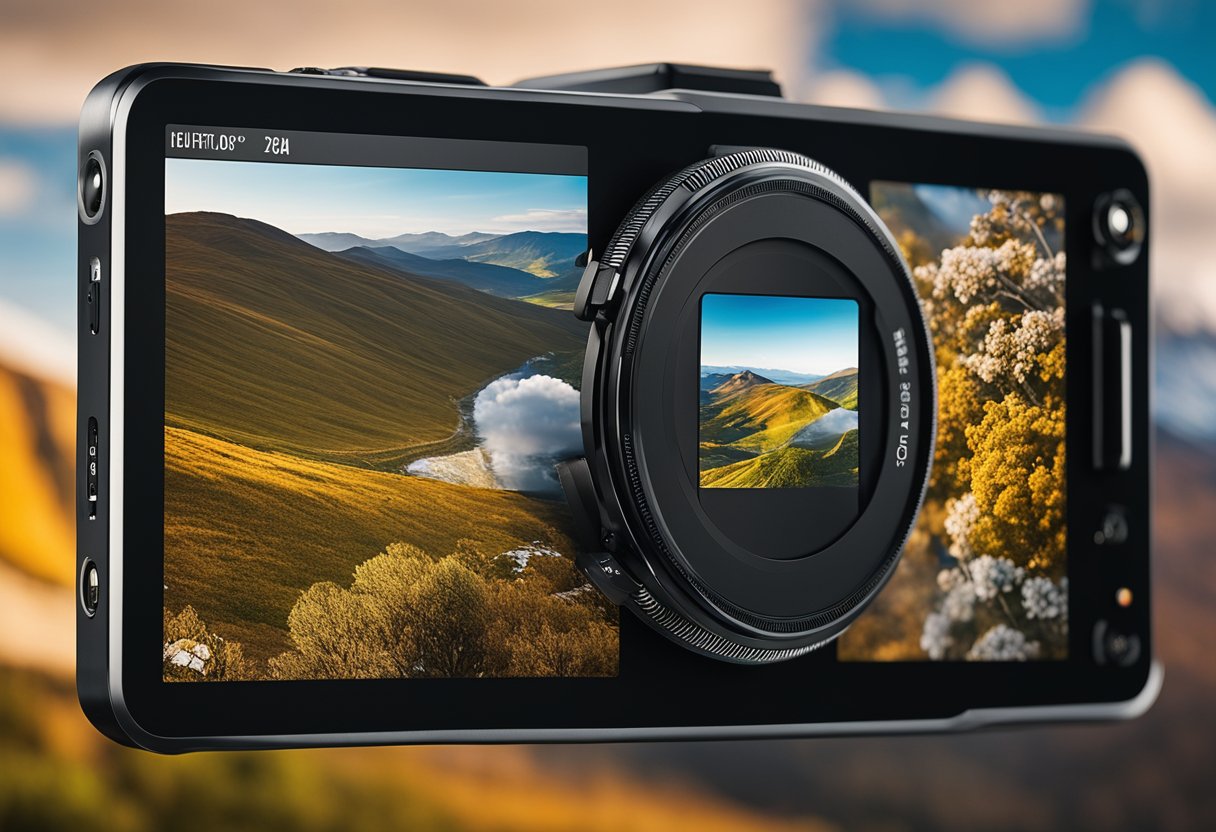 A digital camera with adjustable lens and touch screen display capturing a scenic landscape with vibrant colors and intricate details