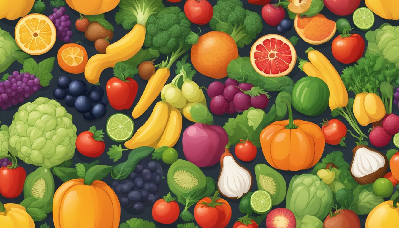 A variety of fresh fruits and vegetables arranged in a colorful display, surrounded by images of happy, healthy babies and families