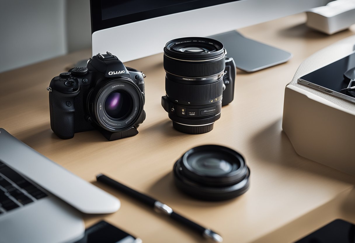 A digital camera, a traditional camera, and various photography accessories arranged on a clean, modern desk with soft natural lighting coming in from a nearby window