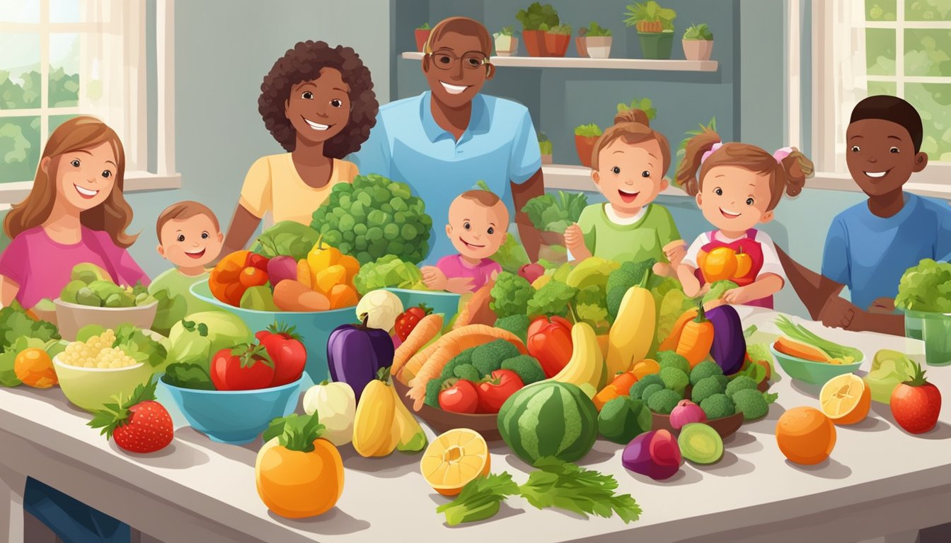 A table set with fresh, colorful fruits and vegetables, surrounded by smiling parents and happy, healthy babies